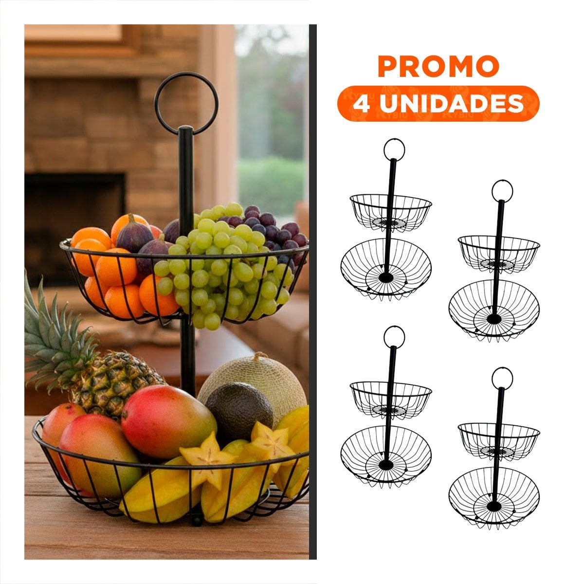 PACK4 ORGANIZADOR DE FRUTAS CIRCULAR 2 NIVELES NEGRO DECORATIVO Y+REGALO STICKER - 1