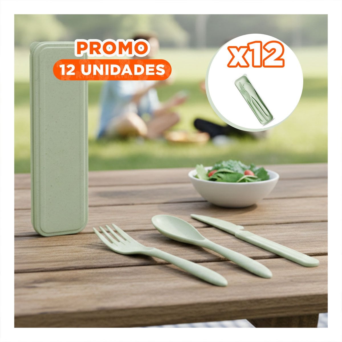 PACK12 SET 3 CUBIERTOS ECOLOGICOS CON ESTUCHE PORTATIL RESISTENTE VERDE - 1