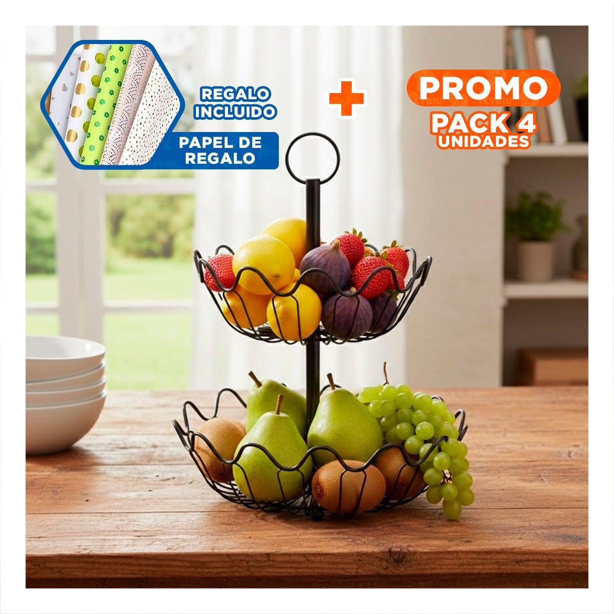 PACK4 FRUTERO DE COCINA 2 PISOS CIRCULAR CON ONDAS COLOR NEGRO Y+PAPEL REGALO - 1