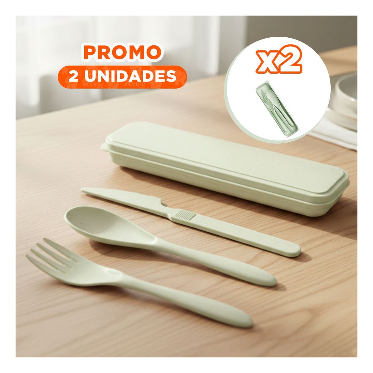 PACK2 SET CUBIERTOS DE VIAJE REUTILIZABLES CON ESTUCHE PROTECTOR VERDE Y+REGALO STICKER - 1
