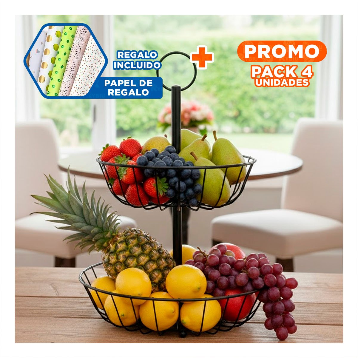 PACK4 FRUTERO DE COCINA 2 PISOS CIRCULAR NEGRO ESTILO MINIMALISTA Y+PAPEL REGALO - 1