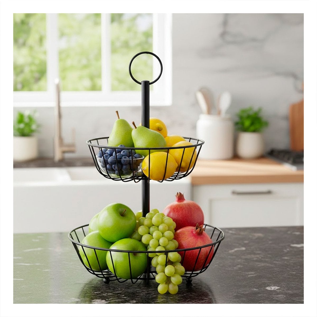 PACK4 FRUTERO DE COCINA 2 PISOS CIRCULAR NEGRO ESTILO MINIMALISTA Y+PAPEL REGALO - 2