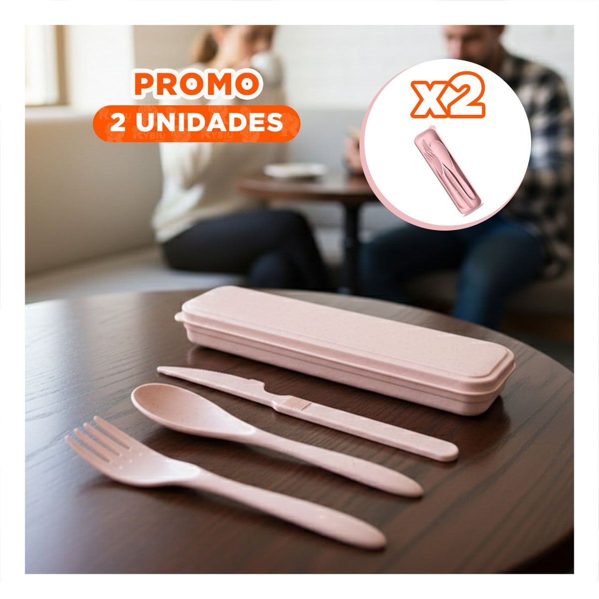 PACK2 SET 3 CUBIERTOS CON ESTUCHE PRACTICO PARA TRABAJO ROSADO Y+REGALO STICKER - 1