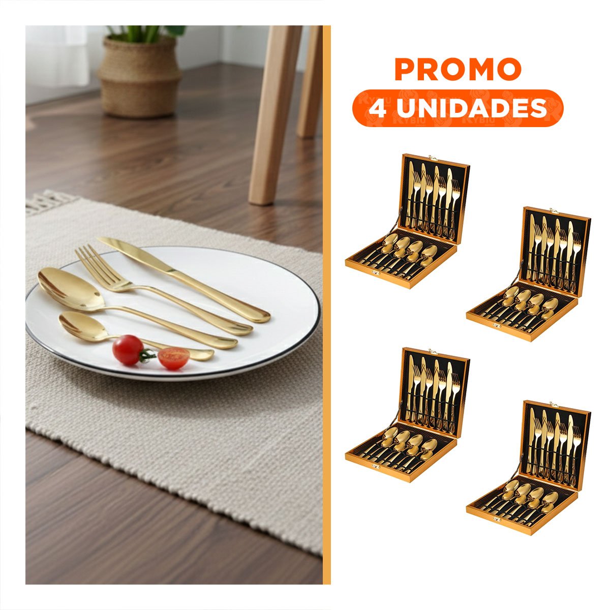 PACK4 LINEA 16 CUBIERTOS MESA SOFISTICADA DORADO Y+REGALO STICKER - 1
