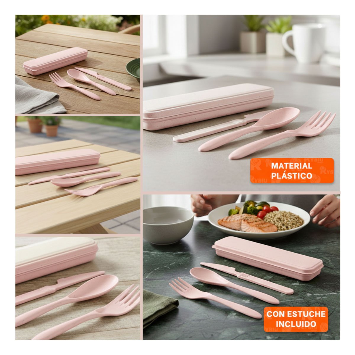 JUEGO DE 3 CUBIERTOS COMPACTOS CON ESTUCHE PORTATIL ROSADO Y+POST IT - 1