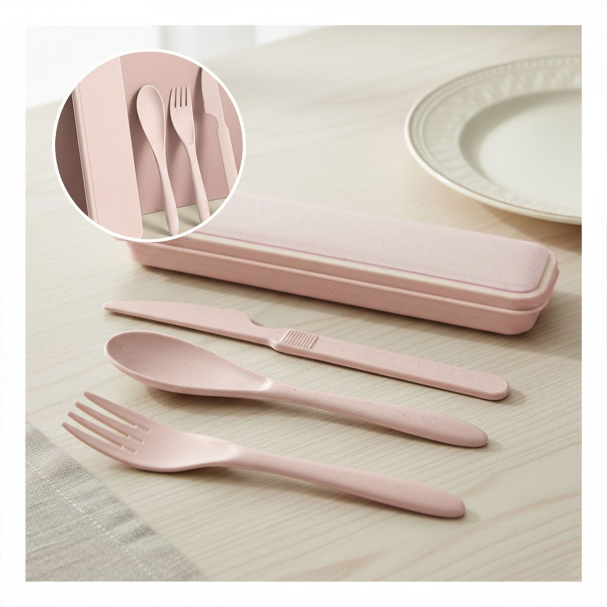 JUEGO DE 3 CUBIERTOS COMPACTOS CON ESTUCHE PORTATIL ROSADO Y+POST IT - 2