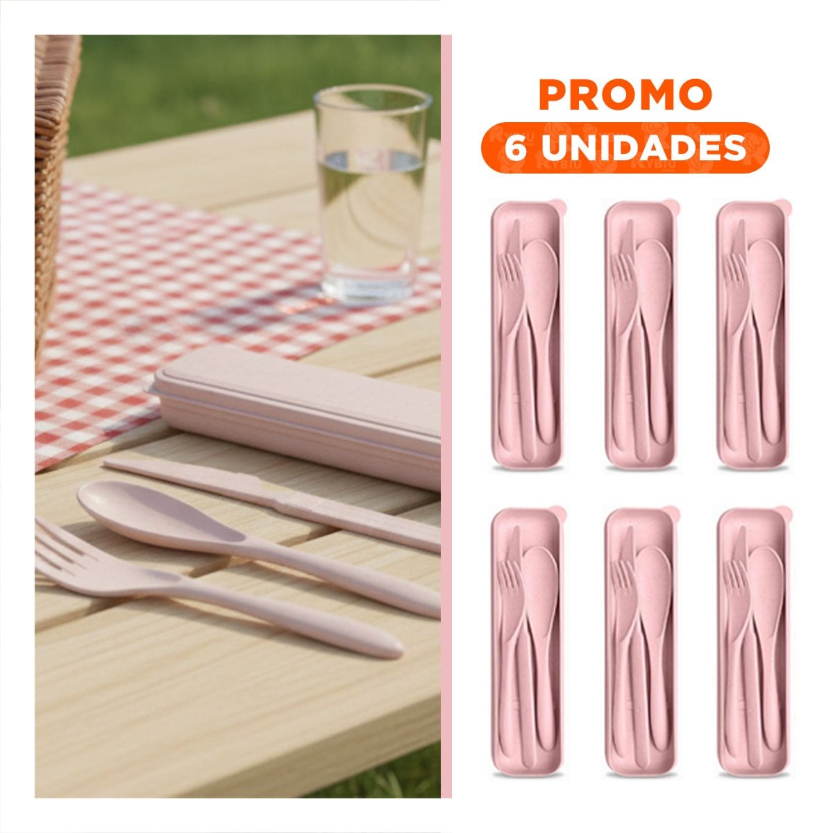 PACK6 KIT CUBIERTOS CON ESTUCHE COMPACTO PARA LONCHERA ROSADO - 1