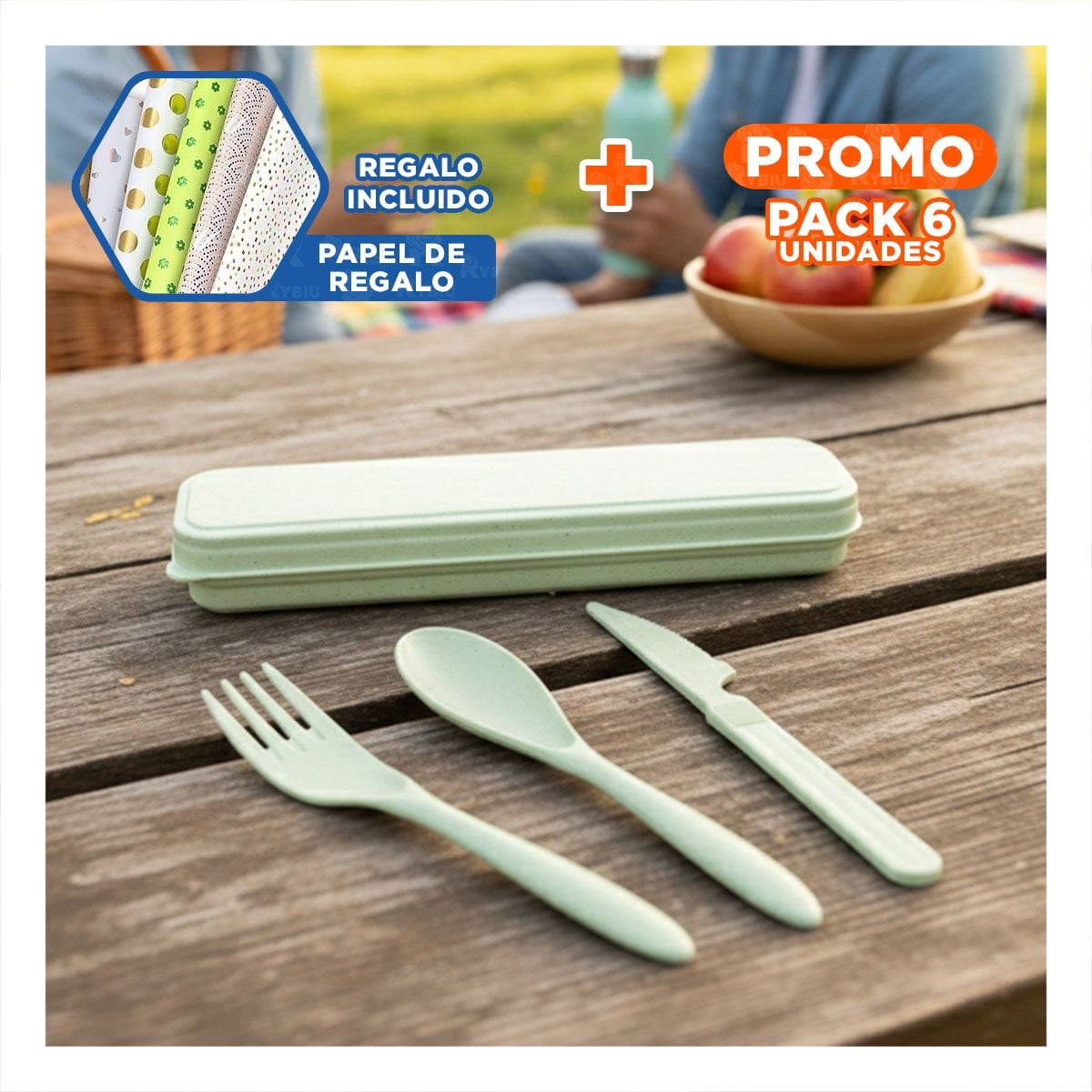 PACK6 SET DE 3 CUBIERTOS CON ESTUCHE PORTATIL ELEGANTE VERDE Y+PAPEL REGALO - 1