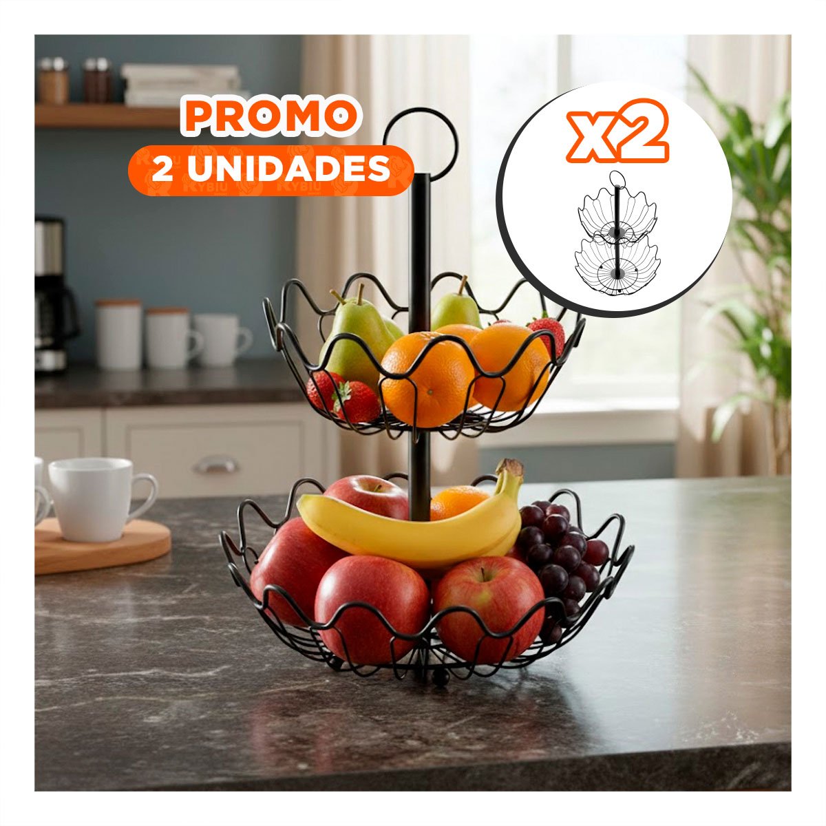 PACK2 FRUTERO MODERNO 2 PISOS CIRCULAR ONDAS COLOR NEGRO Y+REGALO STICKER - 1