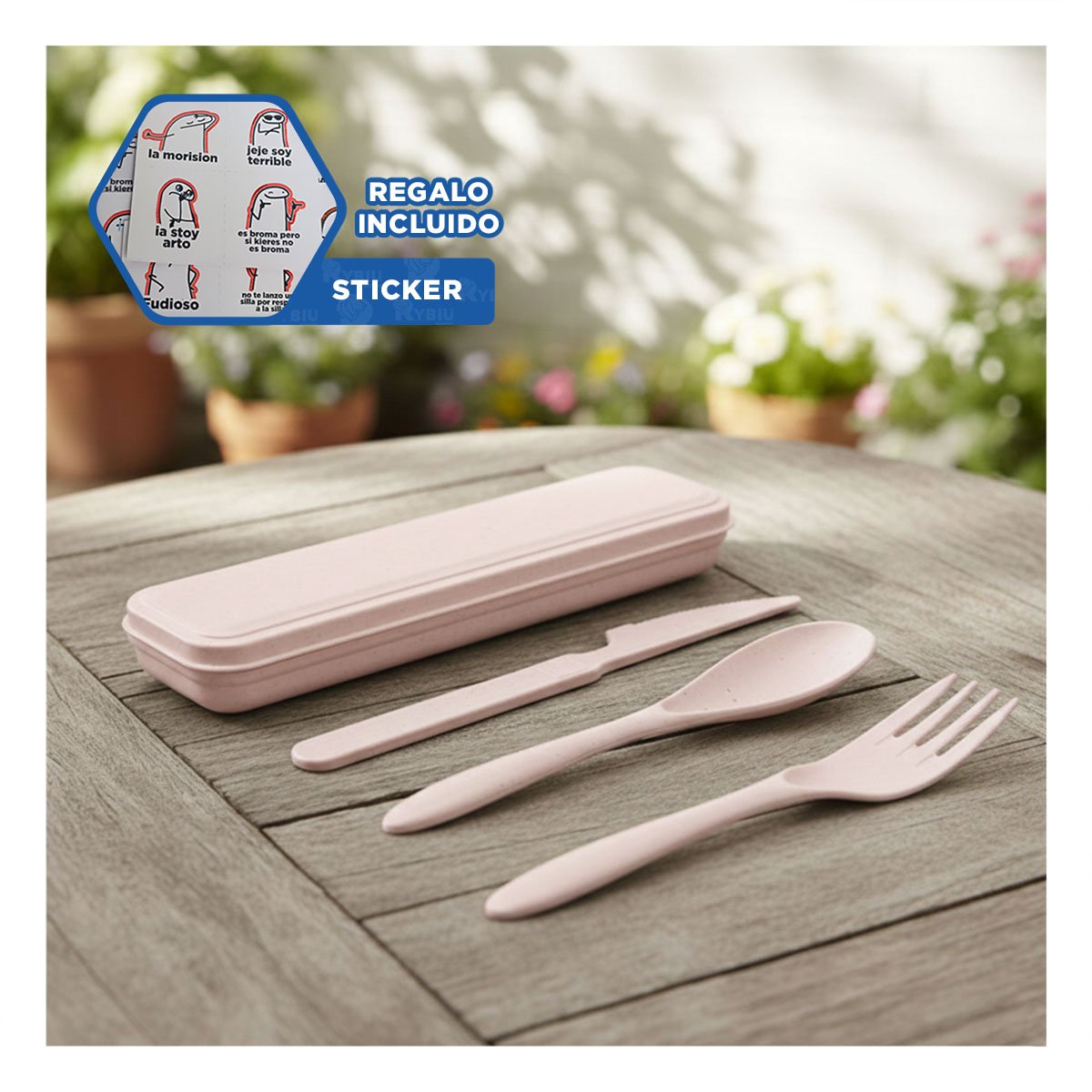 SET 3 CUBIERTOS CON ESTUCHE MINIMALISTA PORTATIL ROSADO Y+REGALO STICKER - 1