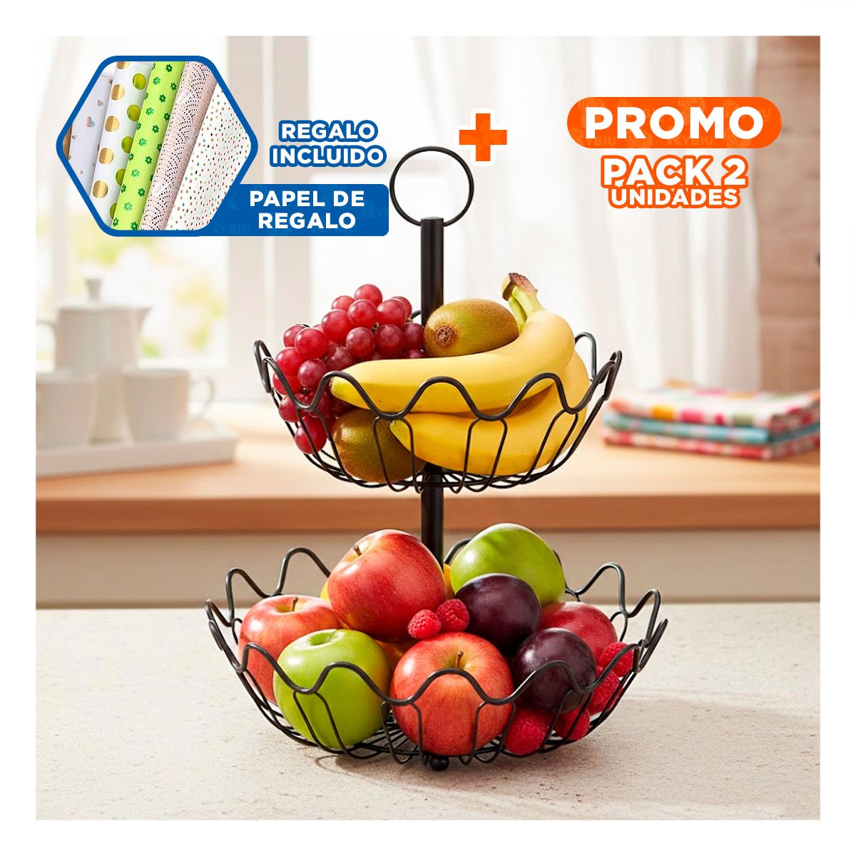 PACK2 PORTA FRUTAS DE MESA 2 NIVELES CIRCULAR ONDULADO COLOR NEGRO Y+PAPEL REGALO - 1