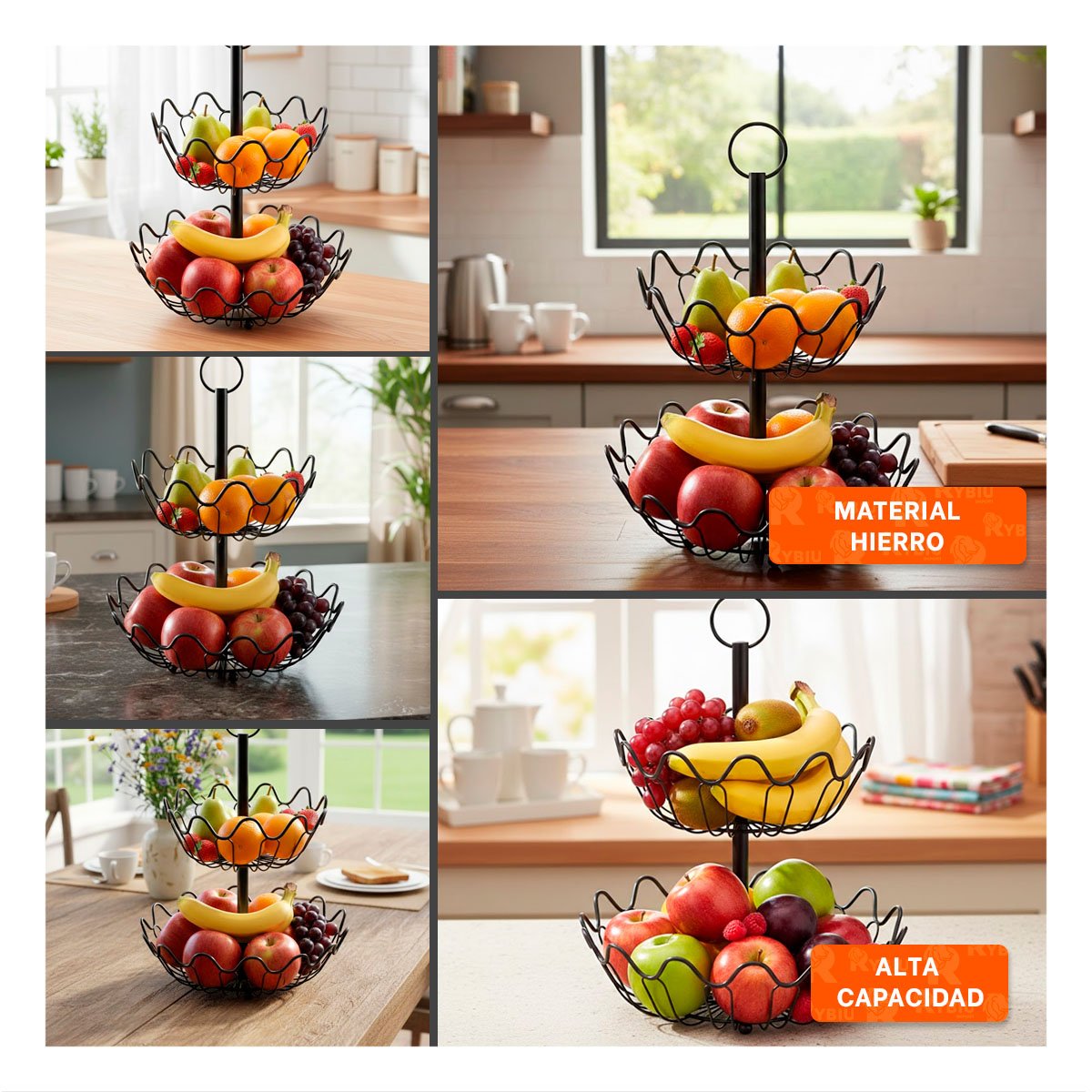 PACK2 PORTA FRUTAS DE MESA 2 NIVELES CIRCULAR ONDULADO COLOR NEGRO Y+PAPEL REGALO - 3