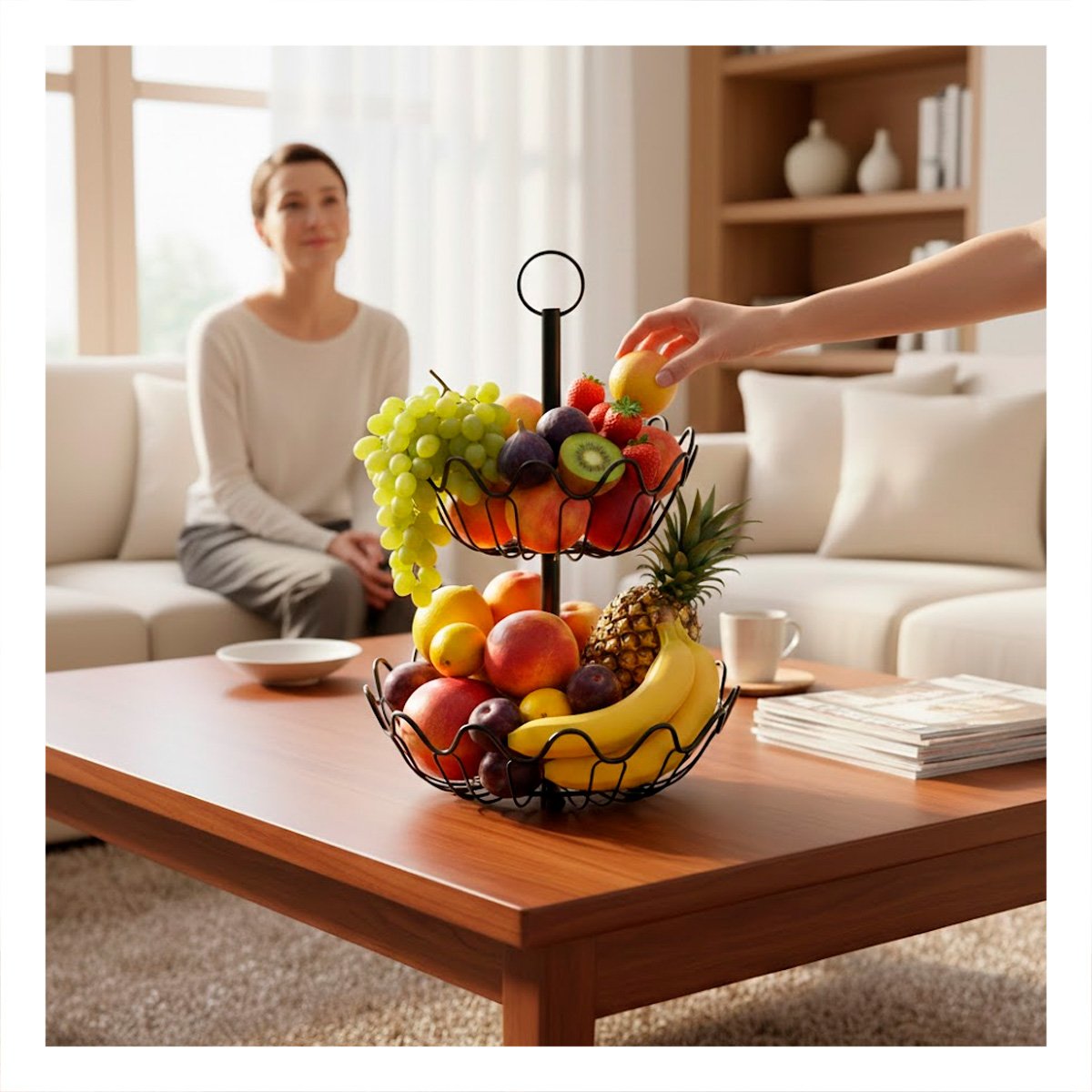 PACK2 PORTA FRUTAS DE MESA 2 NIVELES CIRCULAR ONDULADO COLOR NEGRO Y+PAPEL REGALO - 5