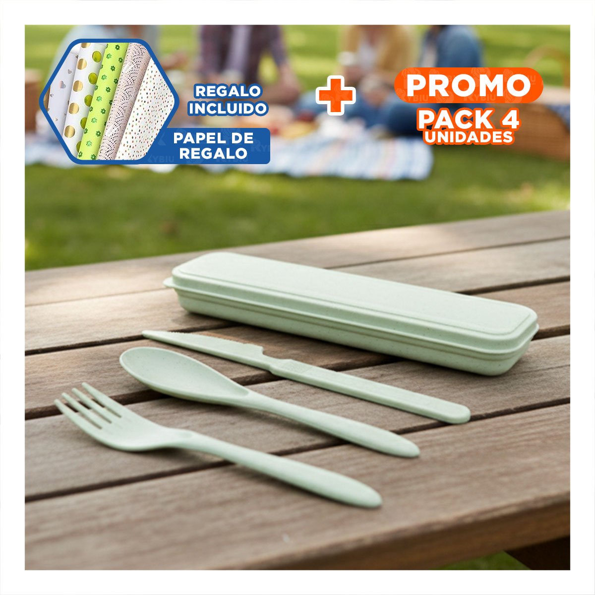 PACK4 SET 3 CUBIERTOS CON ESTUCHE PRACTICO PARA TRABAJO VERDE Y+PAPEL REGALO - 1