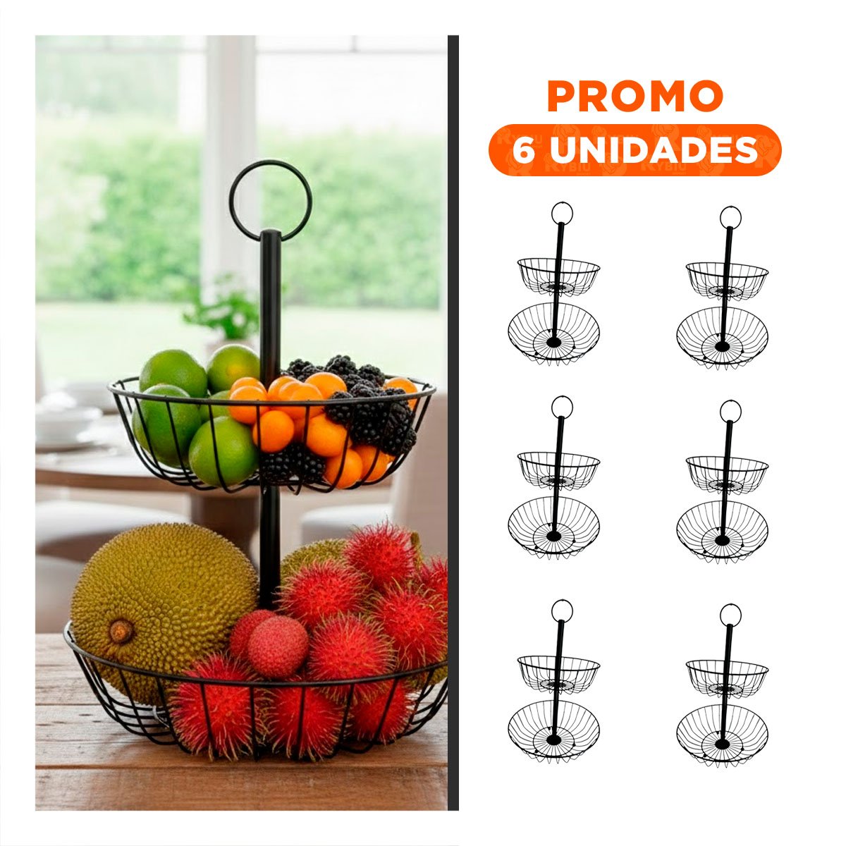 PACK6 FRUTERO CIRCULAR 2 PISOS METAL NEGRO PARA MESA - 1