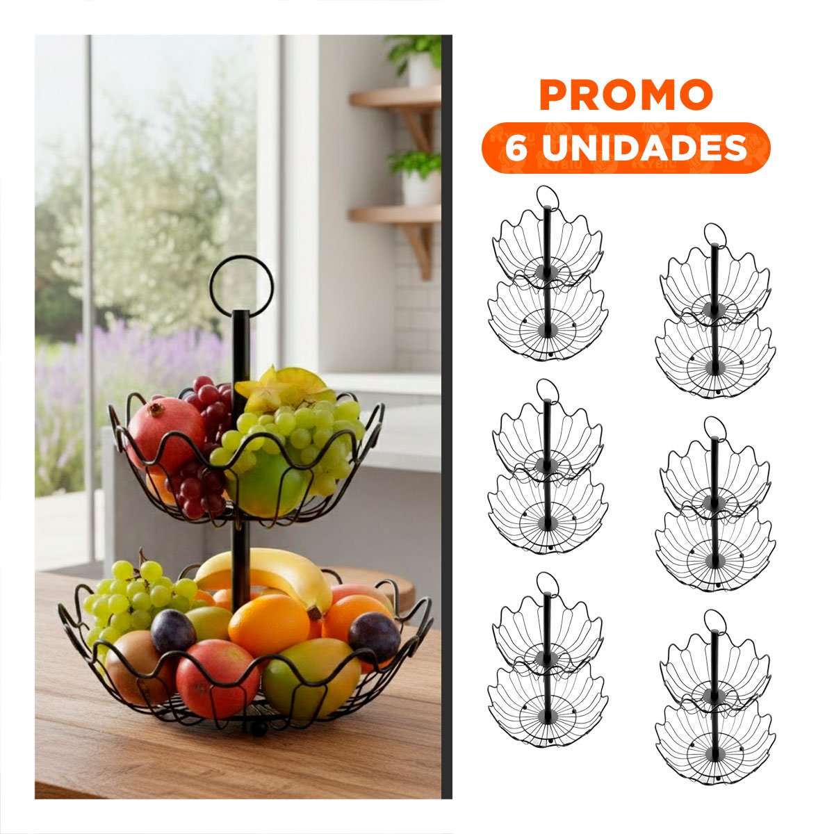 PACK6 FRUTERO CIRCULAR 2 PISOS CON BORDES ONDAS COLOR NEGRO - 1