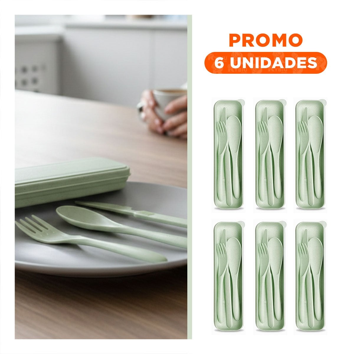 PACK6 JUEGO 3 CUBIERTOS REUTILIZABLES CON ESTUCHE RIGIDO Y SEGURO VERDE - 1