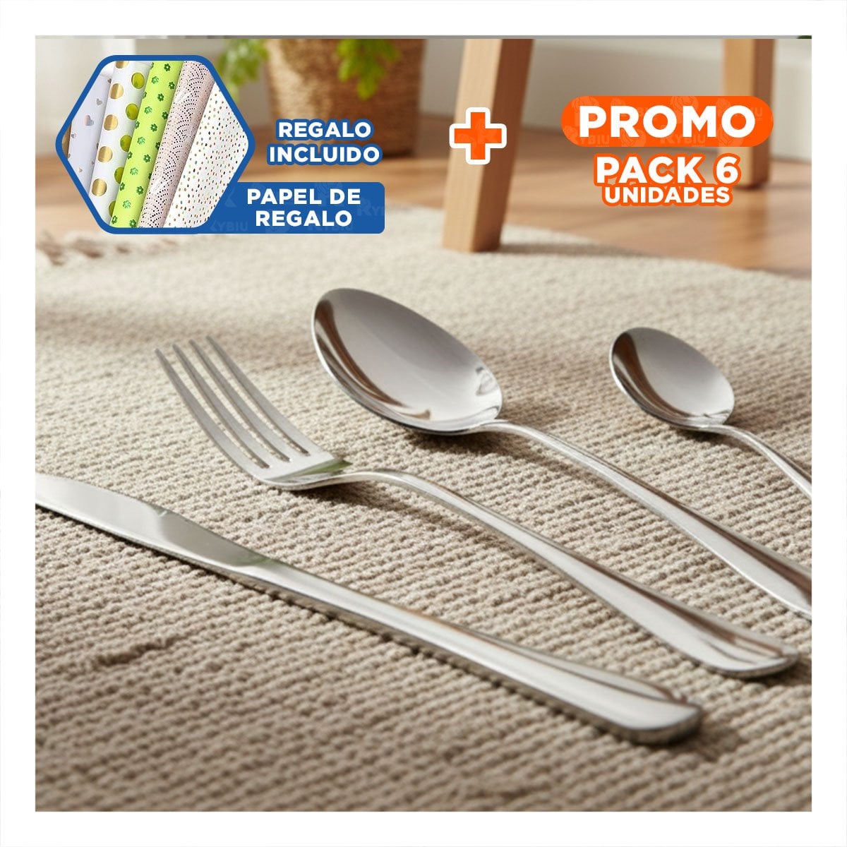 PACK6 PRESENTACION MODERNA PARA COMEDOR FAMILIAR PLATEADO Y+PAPEL REGALO - 1