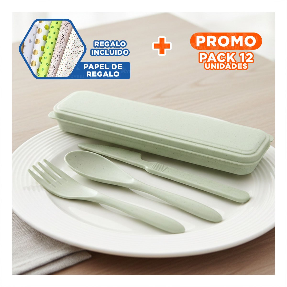 PACK12 CUBIERTOS DE VIAJE CON ESTUCHE PROTECTOR SET DE 3 VERDE Y+PAPEL REGALO - 1