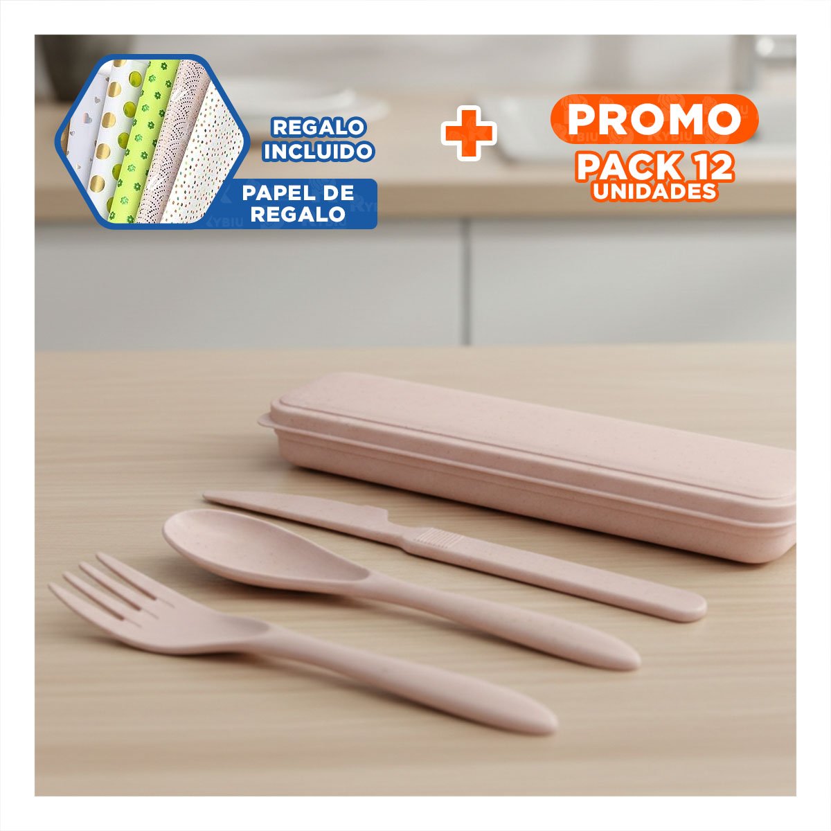 PACK12 SET 3 CUBIERTOS REUTILIZABLES CON ESTUCHE RESISTENTE ROSADO Y+PAPEL REGALO - 1