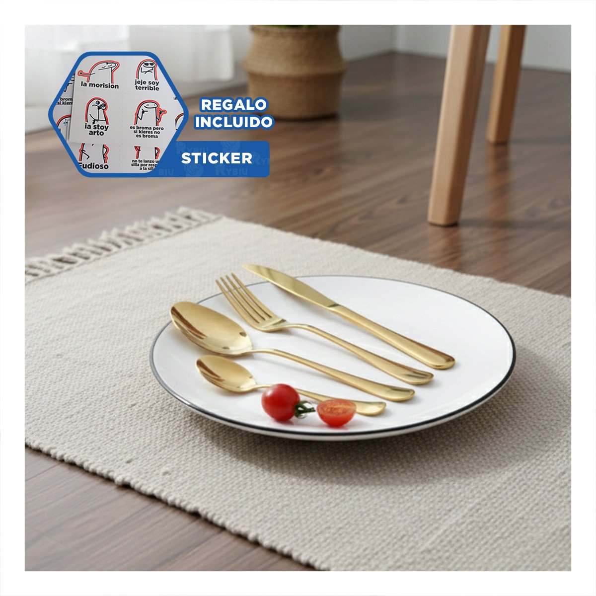 COLECCION CLASICA 16 CUBIERTOS PARA COCINA Y COMEDOR DORADO Y+REGALO STICKER - 1