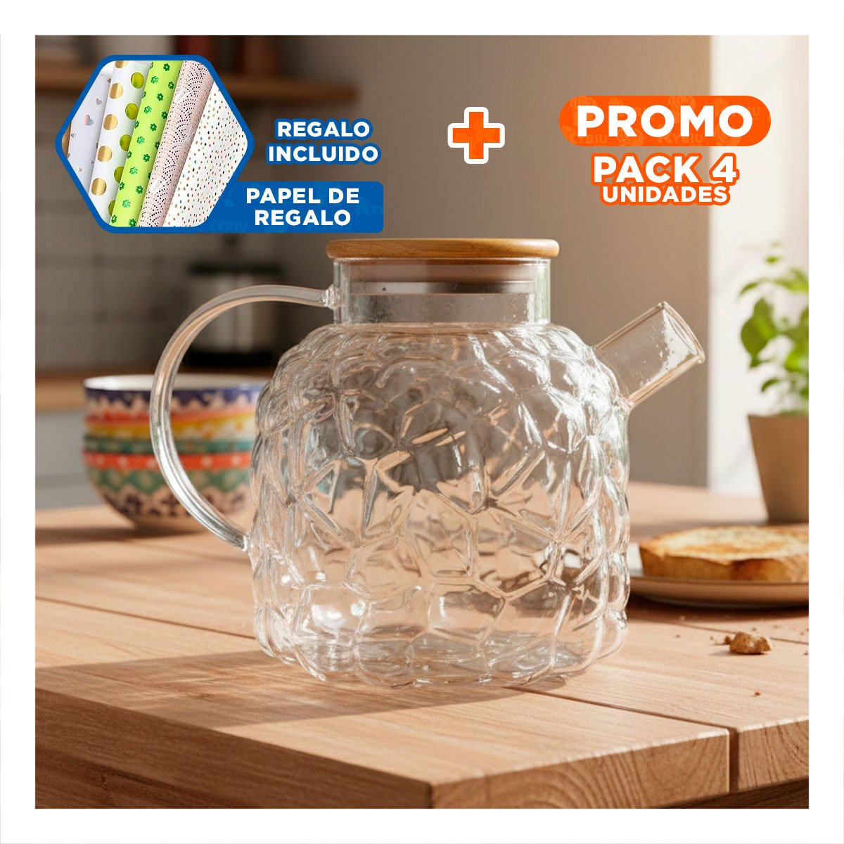PACK4 ARTICULO PARA AGUA JUGOS E INFUSIONES CON TAPA DE MADERA TRANSPARENTE Y+PAPEL REGALO - 1