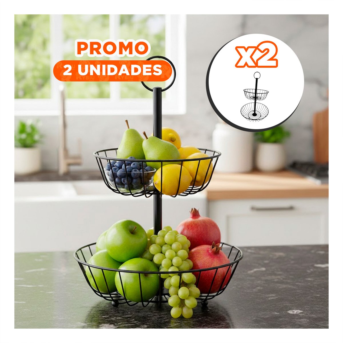 PACK2 FRUTERO MODERNO 2 PISOS CIRCULAR NEGRO PARA ENCIMERA Y+REGALO STICKER - 1