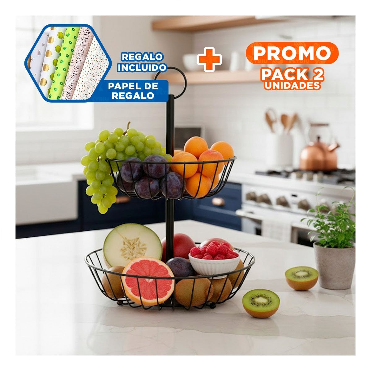 PACK2 PORTA FRUTAS DE MESA 2 NIVELES CIRCULAR NEGRO RESISTENTE Y+PAPEL REGALO - 1