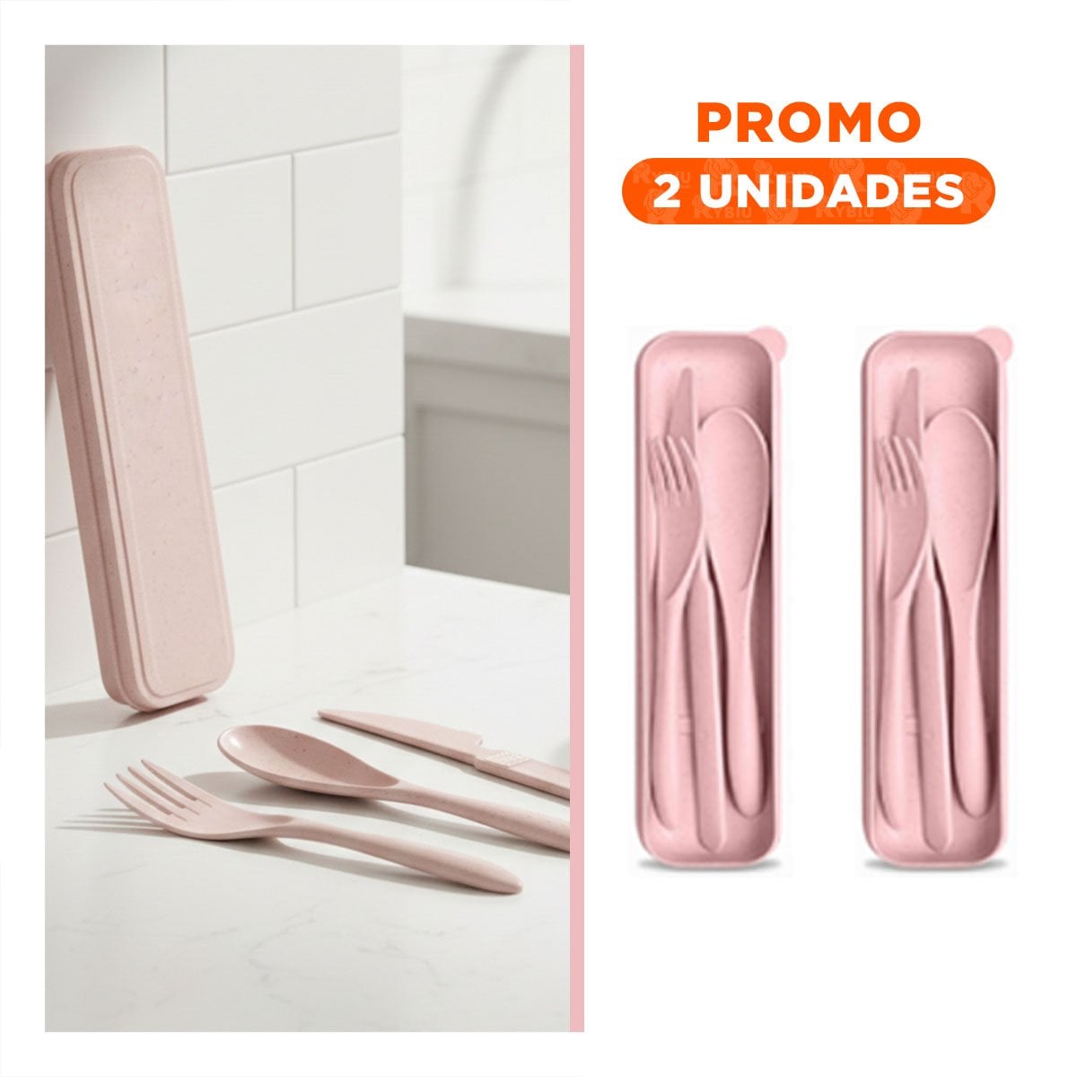 PACK2 SET CUBIERTOS DE VIAJE REUTILIZABLES CON ESTUCHE PROTECTOR ROSADO - 1