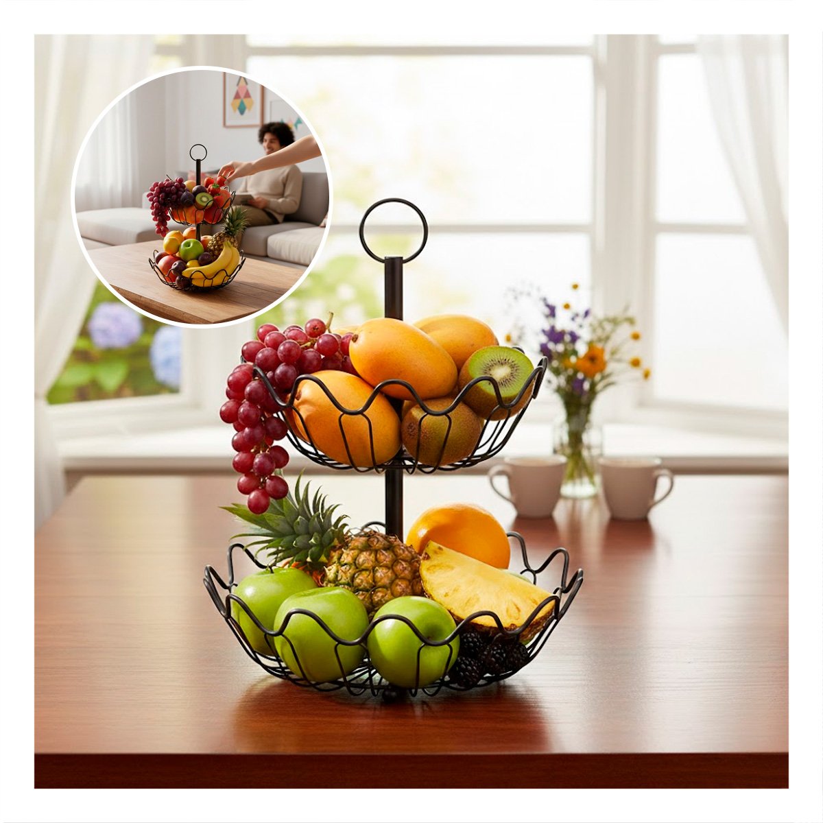 ORGANIZADOR DE COCINA FRUTERO 2 NIVELES ONDAS COLOR NEGRO Y+POST IT - 2