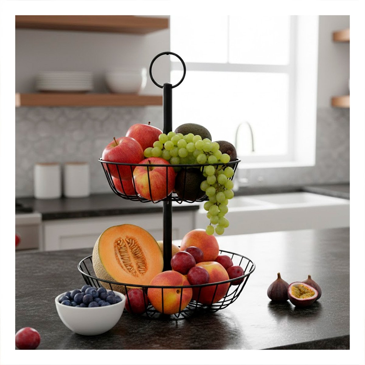 FRUTERO DE ENCIMERA 2 NIVELES CIRCULAR NEGRO PRACTICO Y+PAPEL REGALO - 5