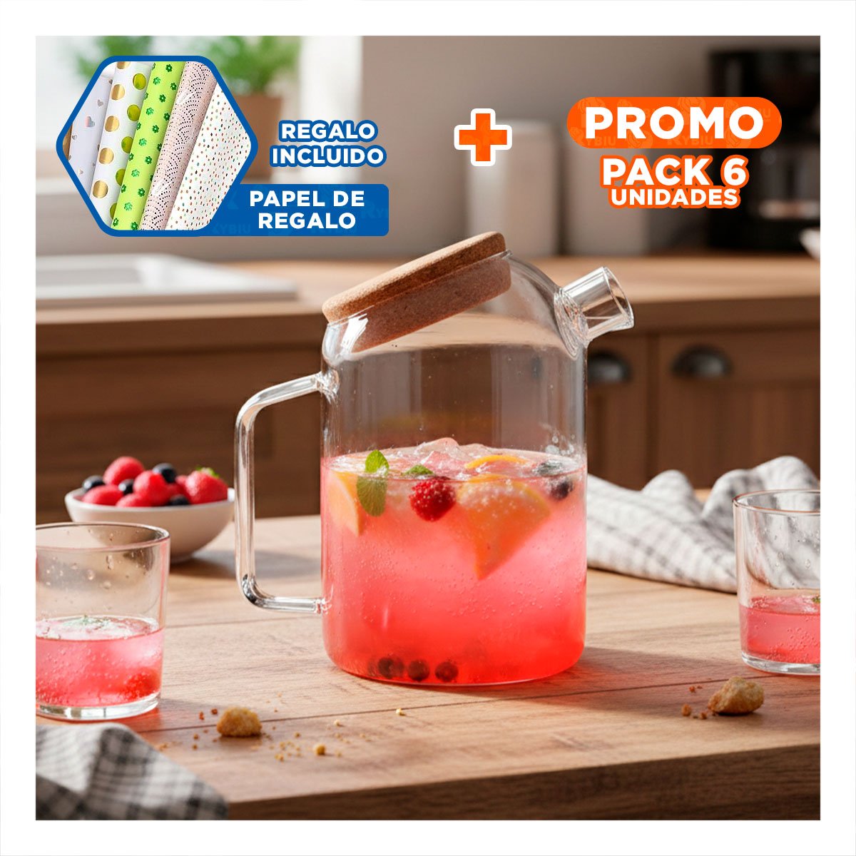 PACK6 VASO GRANDE ELEGANTE DE USO DIARIO CON TAPA DE CORCHO TRANSPARENTE Y+PAPEL REGALO - 1