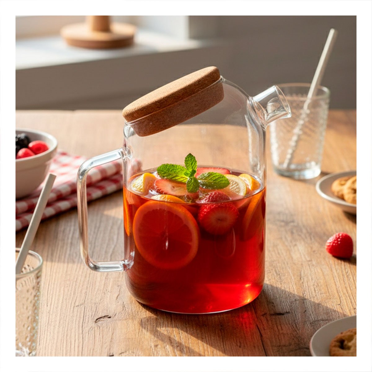 RECIPIENTE PRACTICO DE BOROSILICATO CON TAPA DE CORCHO PARA SERVIR BEBIDAS TRANSPARENTE - 1