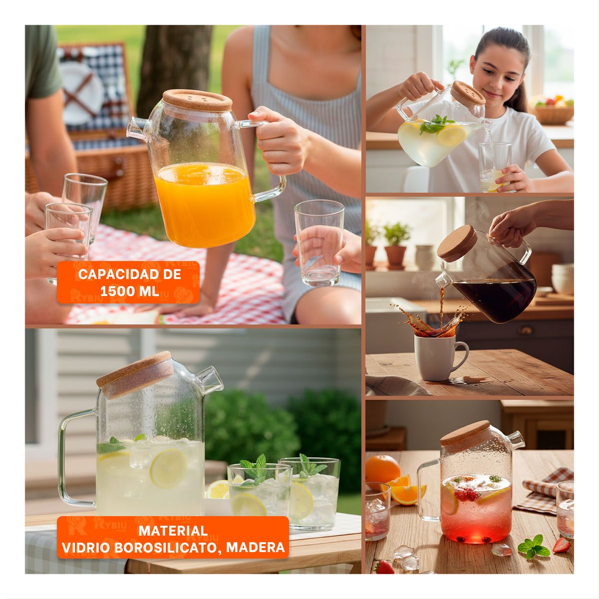 RECIPIENTE PRACTICO DE BOROSILICATO CON TAPA DE CORCHO PARA SERVIR BEBIDAS TRANSPARENTE - 5