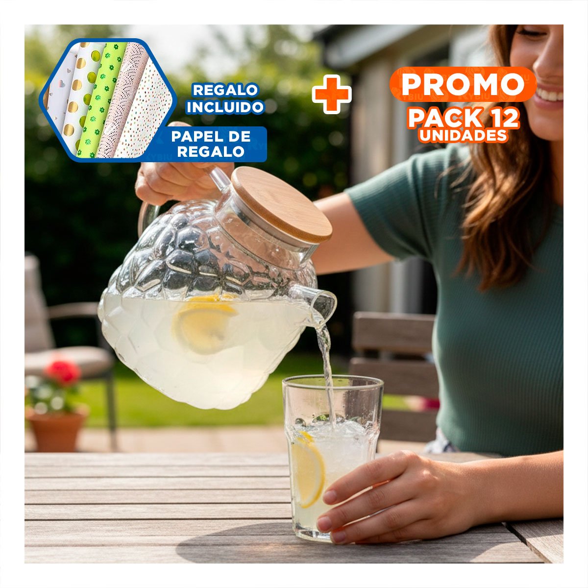 PACK12 FRASCO FUNCIONAL PARA BEBIDAS EN HOGAR TRANSPARENTE Y+PAPEL REGALO - 1