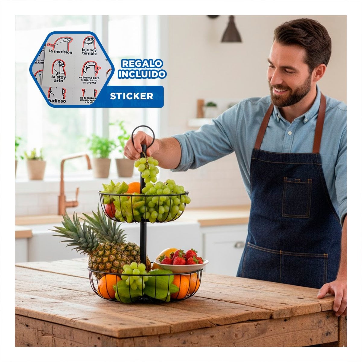 CANASTILLA FRUTERO 2 PISOS CIRCULAR NEGRO PARA COCINA Y+REGALO STICKER - 1