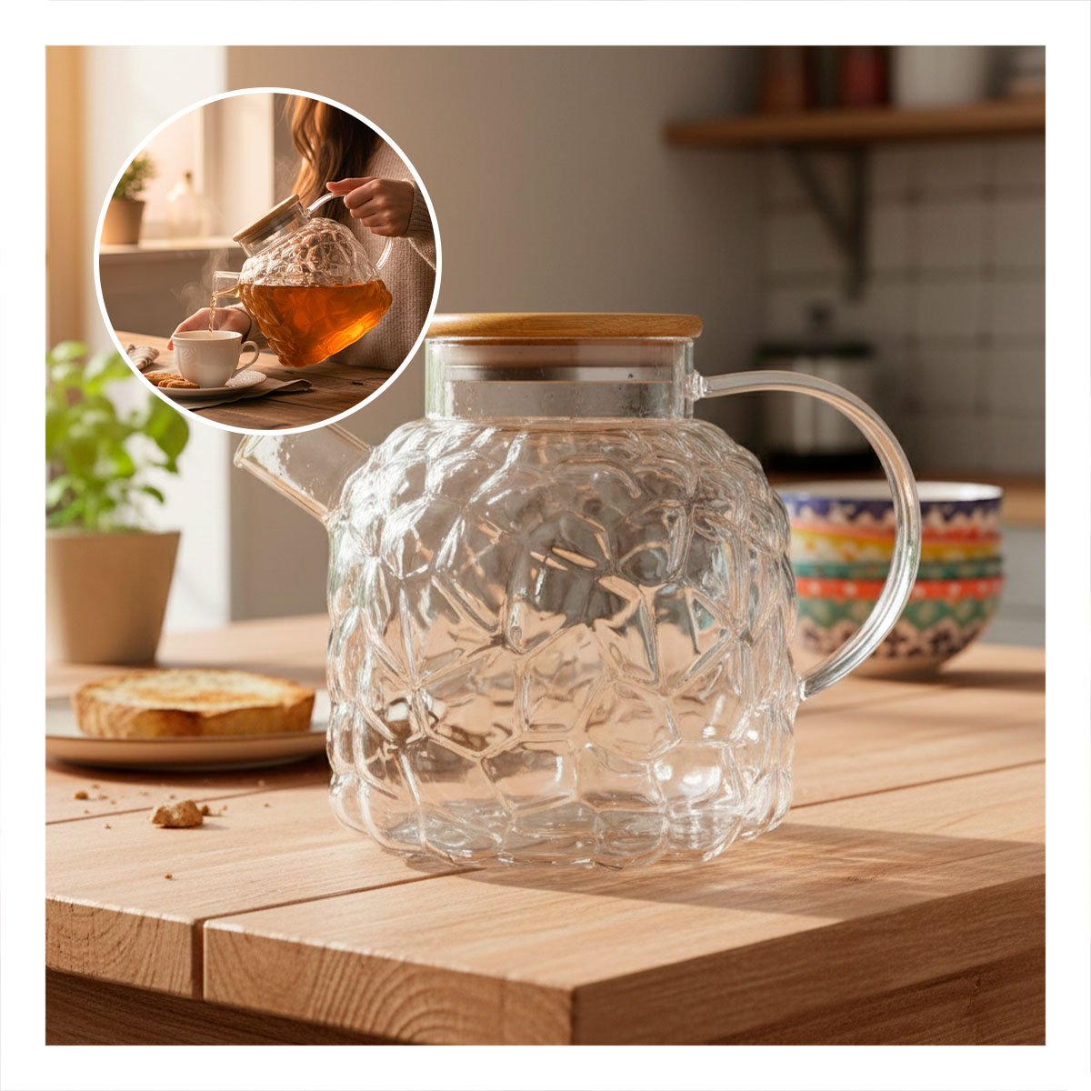 PACK2 ARTICULO DE BOROSILICATO PARA AGUA JUGOS E INFUSIONES CON TAPA DE MADERA TRANSPARENTE - 5