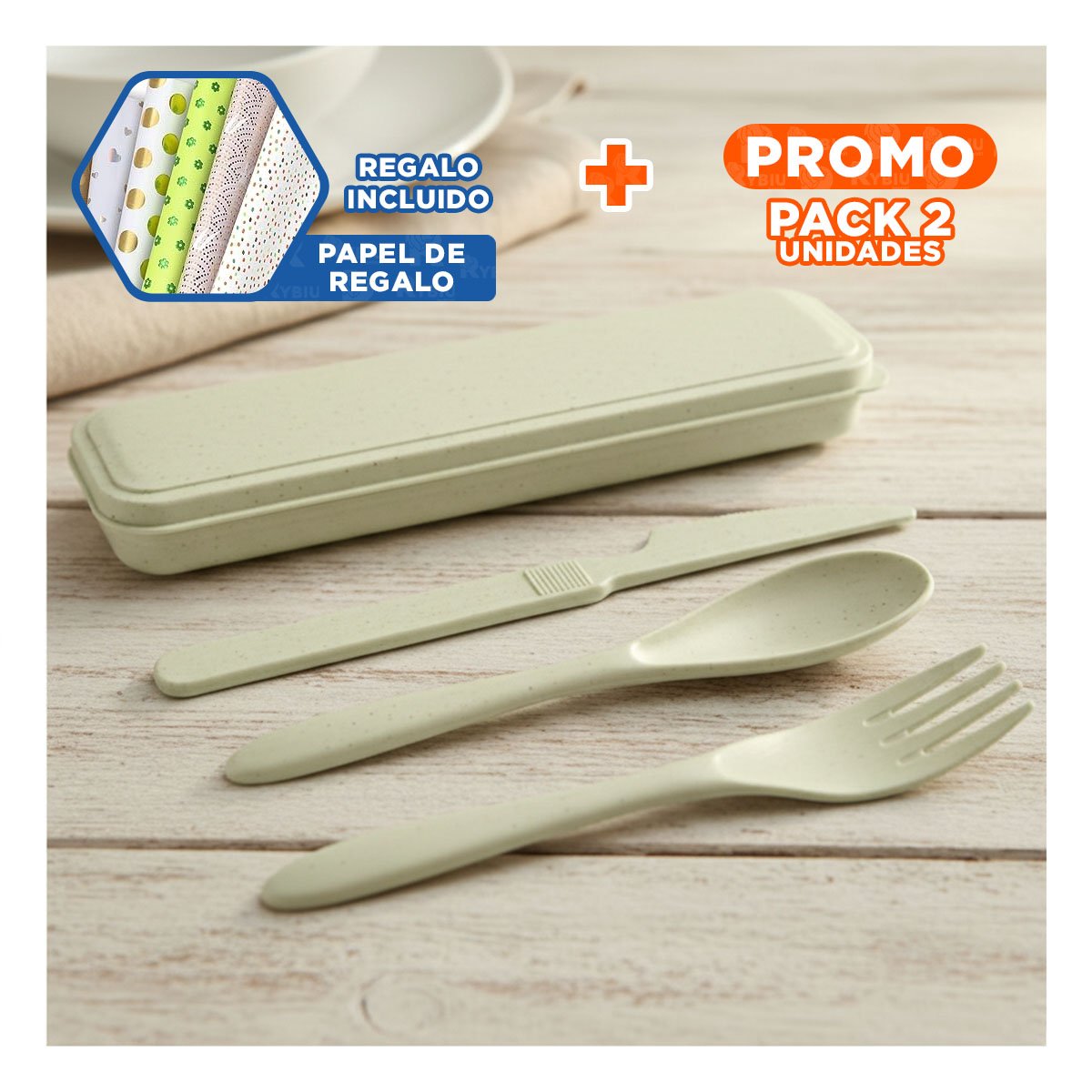 PACK2 JUEGO DE 3 CUBIERTOS COMPACTOS CON ESTUCHE PORTATIL VERDE Y+PAPEL REGALO - 1
