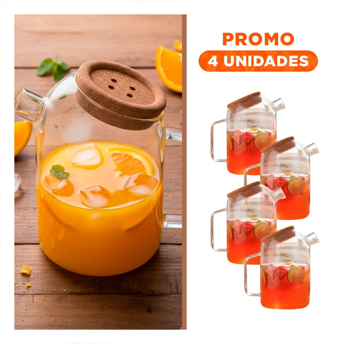 PACK4 VASO GRANDE DE BOROSILICATO CON TAPA DE CORCHO PARA JUGOS TRANSPARENTE Y+REGALO STICKER - 1