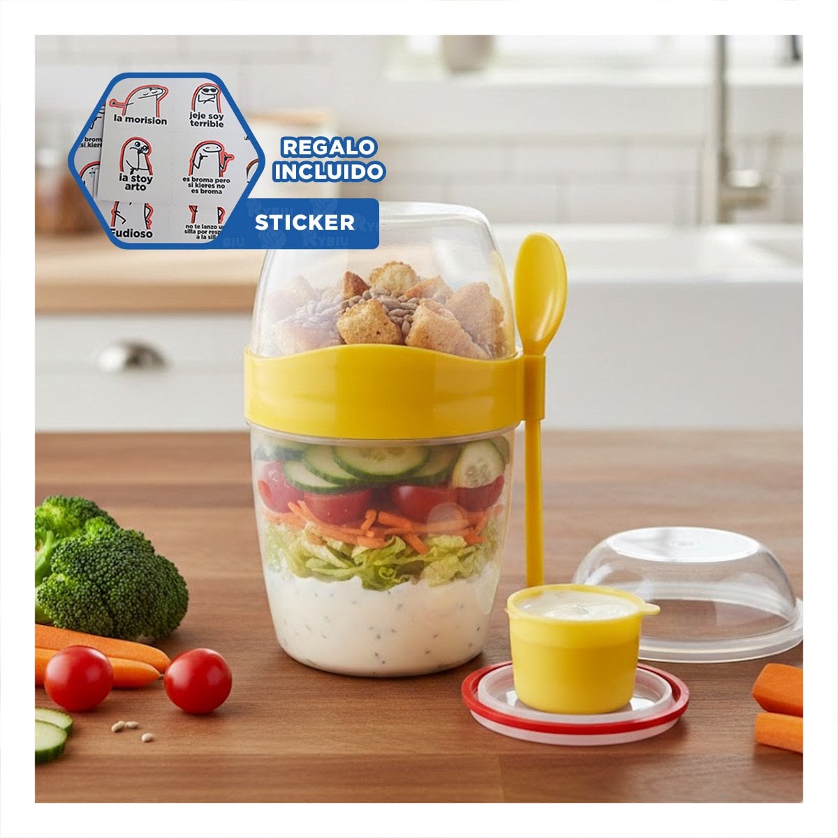 CONTENEDOR YOGURERO AMARILLO CON CUBIERTO INCLUIDO PARA SNACK SALUDABLE Y+REGALO STICKER - 1