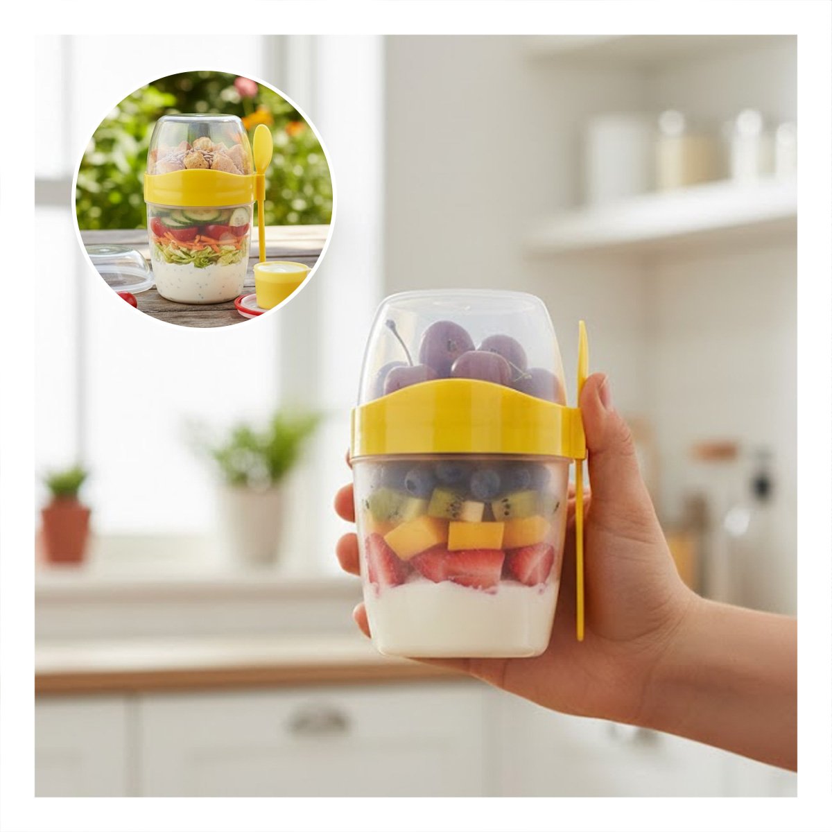 CONTENEDOR YOGURERO AMARILLO CON CUBIERTO INCLUIDO PARA SNACK SALUDABLE Y+REGALO STICKER - 5