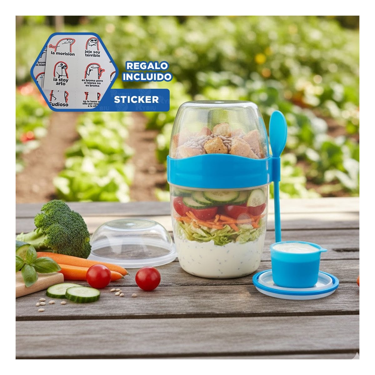 CONTENEDOR YOGURERO AZUL CON CUBIERTO INCLUIDO PARA SNACK SALUDABLE Y+REGALO STICKER - 1