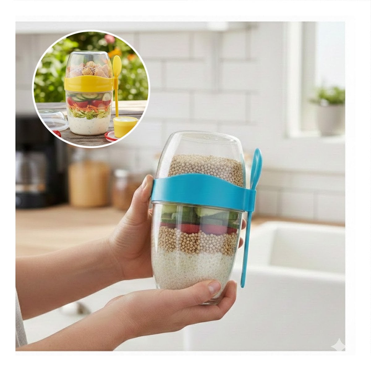 CONTENEDOR YOGURERO AZUL CON CUBIERTO INCLUIDO PARA SNACK SALUDABLE Y+REGALO STICKER - 5