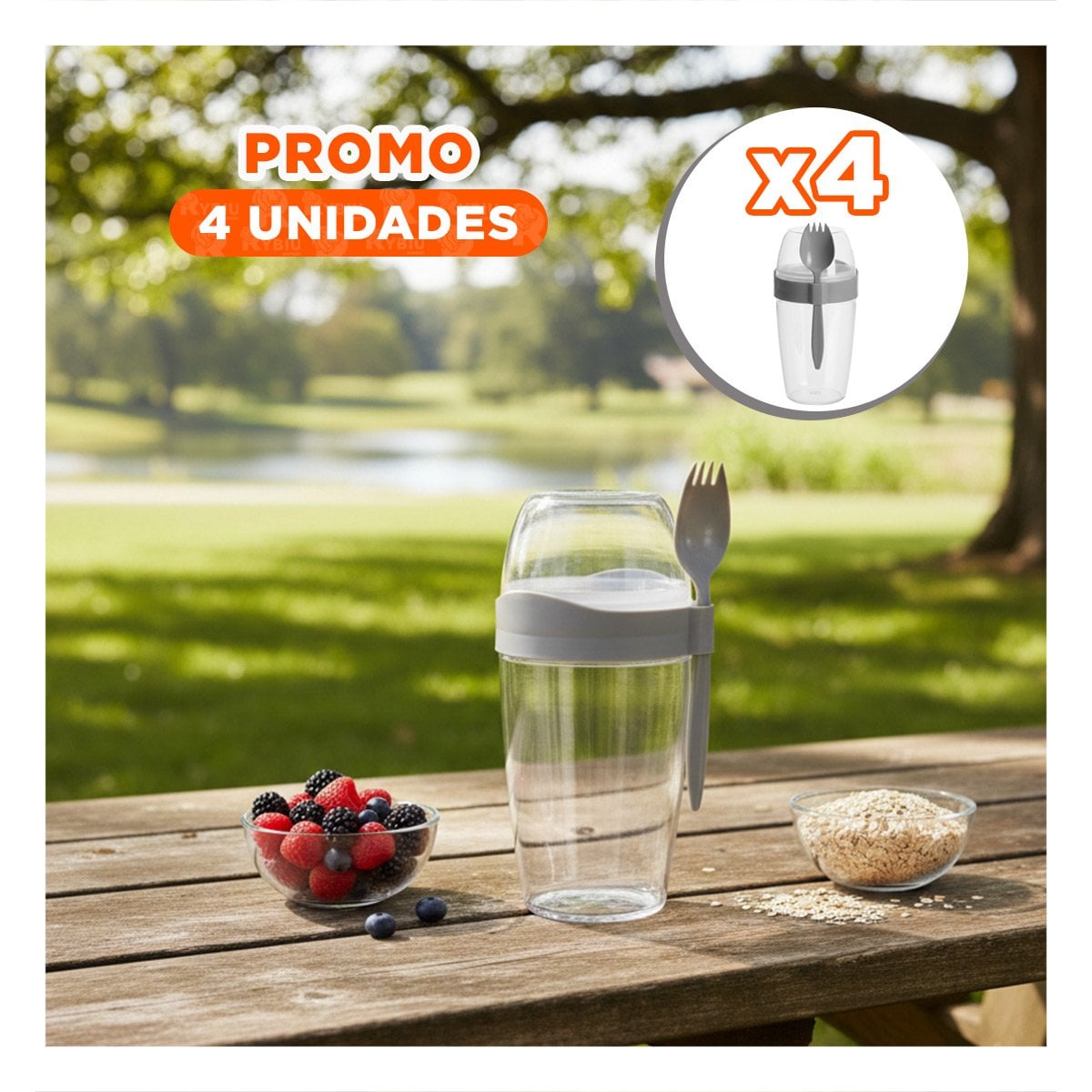 PACK4 CONTENEDOR YOGURERO 2 EN 1 CON CUBIERTO GRANDE PLOMO PARA ESTILO DE VIDA ACTIVO - 1