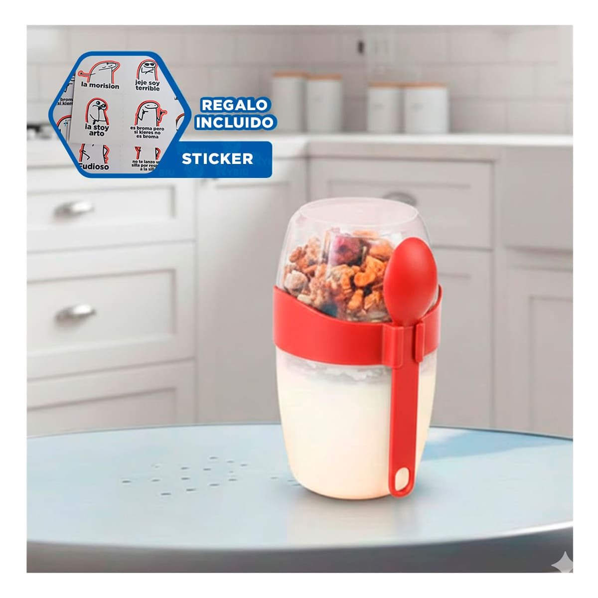 CONTENEDOR YOGURERO ROJO CON CUBIERTO INCLUIDO PARA SNACK SALUDABLE Y+REGALO STICKER - 1