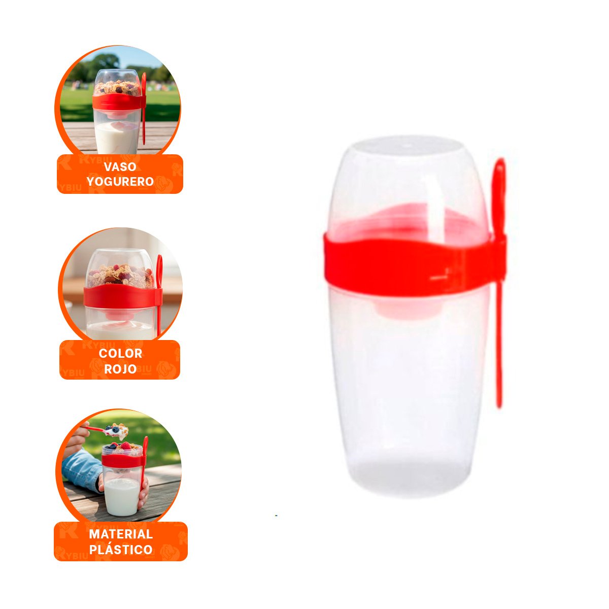 VASO YOGURERO 2 EN 1 CON CUBIERTO GRANDE ROJO PARA LONCHERA Y VIAJES - 3