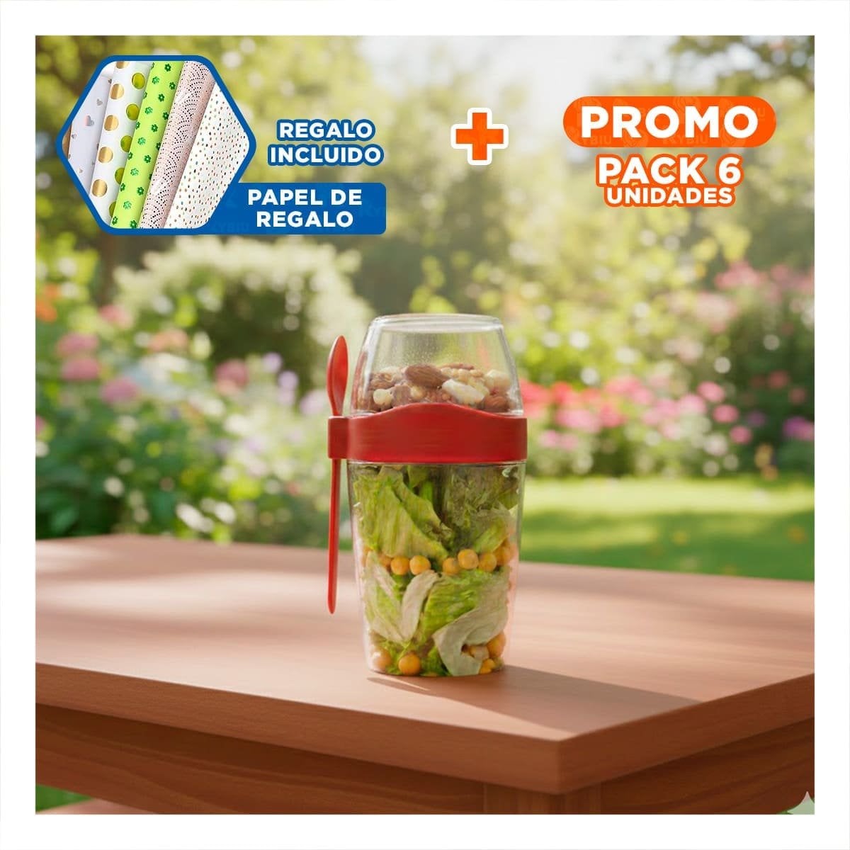 PACK6 CONTENEDOR YOGUR ROJO 2 EN 1 PARA COMBINAR SNACKS AL INSTANTE Y+PAPEL REGALO - 1