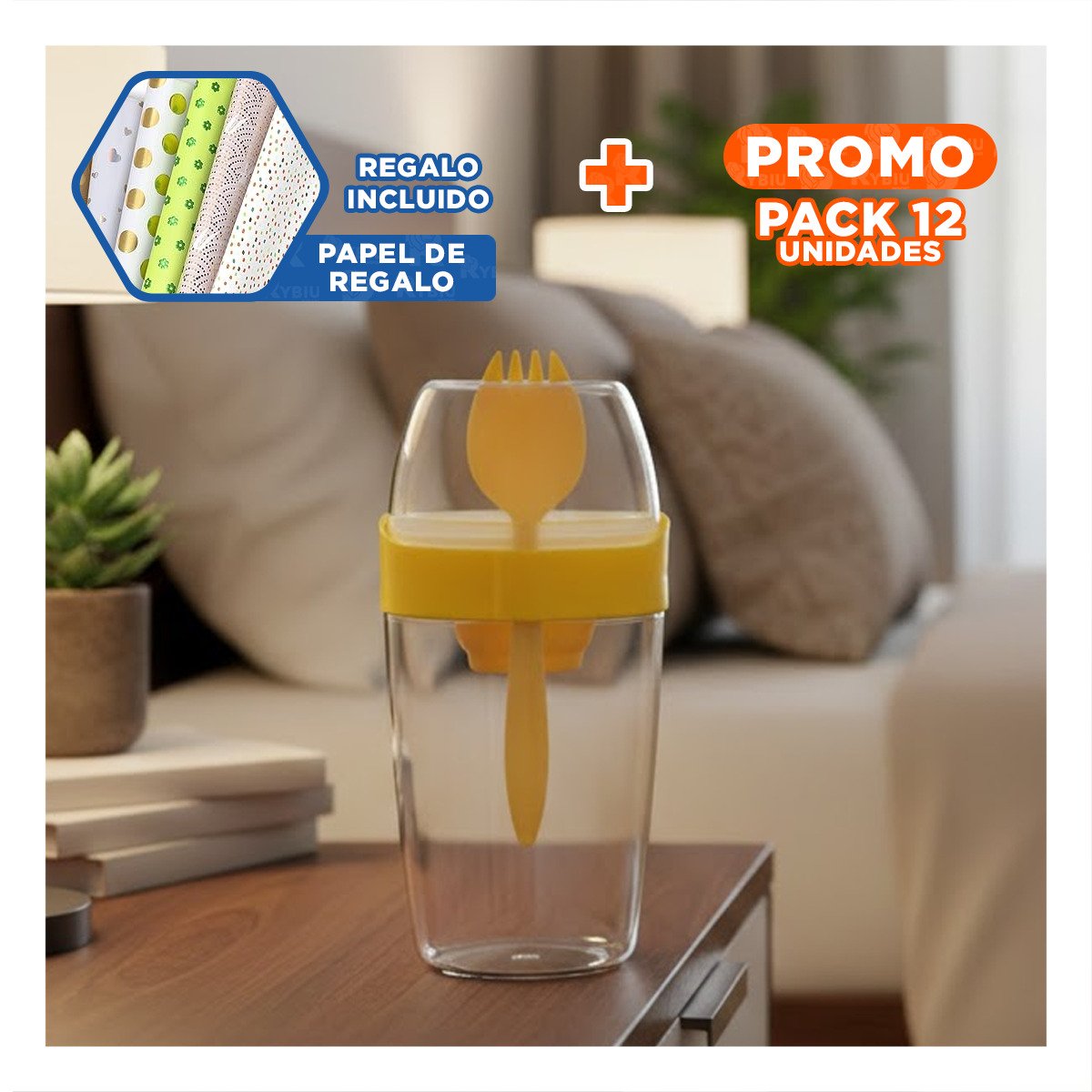 PACK12 RECIPIENTE YOGURTERO 2 EN 1 CON CUBIERTO GRANDE AMARILLO PARA USO EN CASA Y+PAPEL REGALO - 1