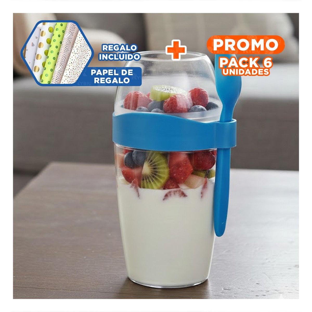 PACK6 VASO YOGURERO CON CUBIERTO GRANDE AZUL 2 EN 1 PARA LLEVAR SIEMPRE Y+PAPEL REGALO - 1