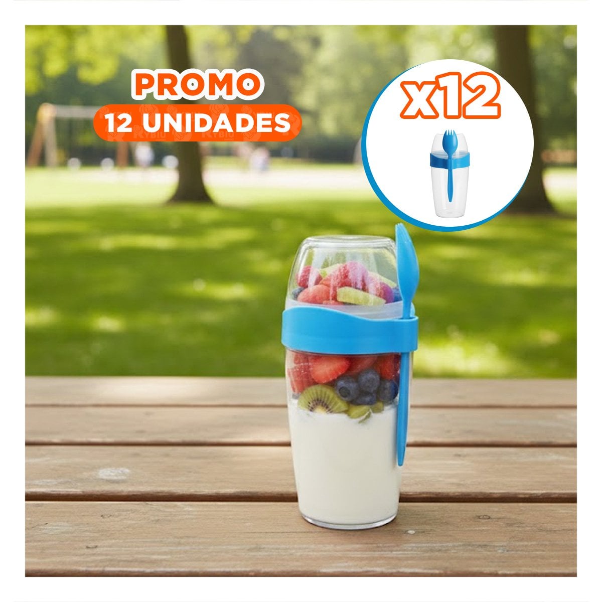 PACK12 ENVASE YOGURERO CON CUBIERTO GRANDE AZUL 2 EN 1 PARA CADA DIA - 1